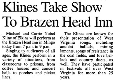 Klines Take Show to Brazen Head Inn  from the Inter-Mountain (Elkins, WV)